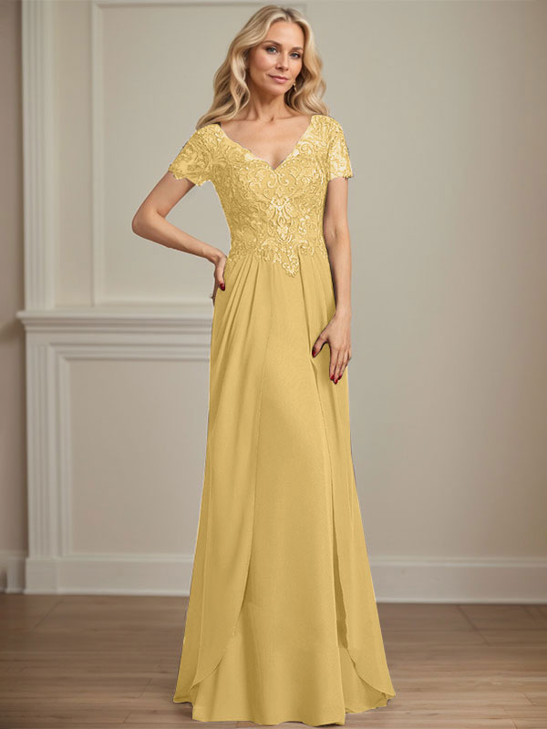 A-Linie V-Ausschnitt Bodenlanges Chiffon-Spitzenkleid für die Brautmutter