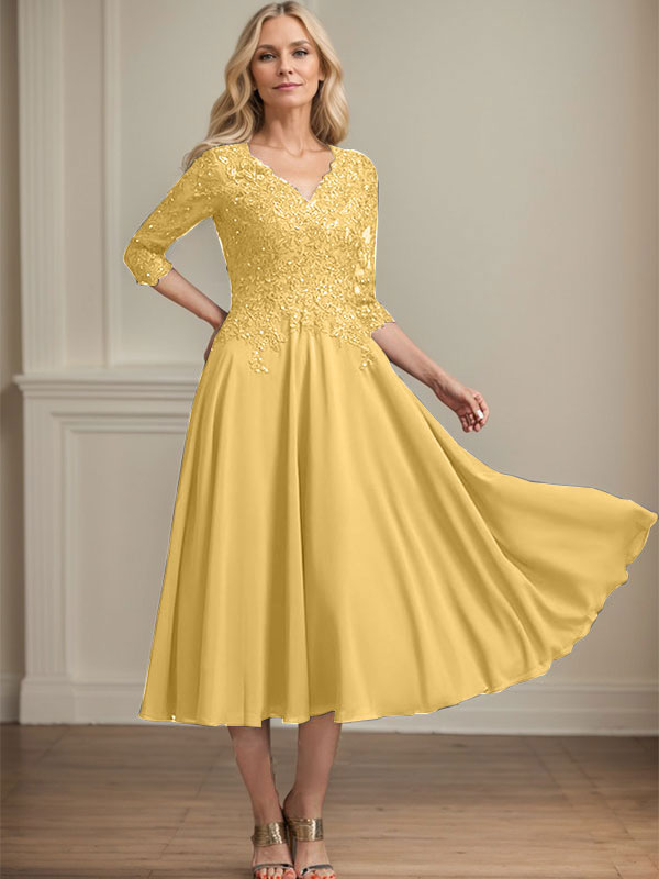 A-Linie, V-Ausschnitt, knielang, Chiffon, Spitze, Kleid für die Brautmutter mit Perlen und Pailletten