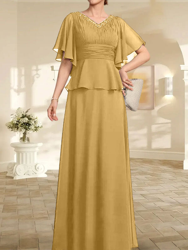 A-Linie, V-Ausschnitt, bodenlanges Chiffonkleid für die Brautmutter mit plissierter Perlenstickerei