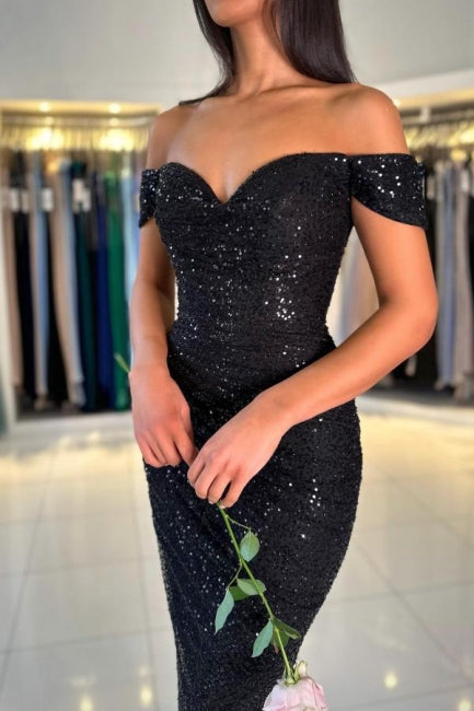 Wunderschöne kurze schwarze schulterfreie Cocktailkleider mit Glitzer