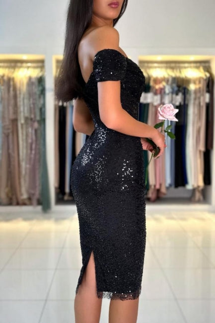 Wunderschöne kurze schwarze schulterfreie Cocktailkleider mit Glitzer