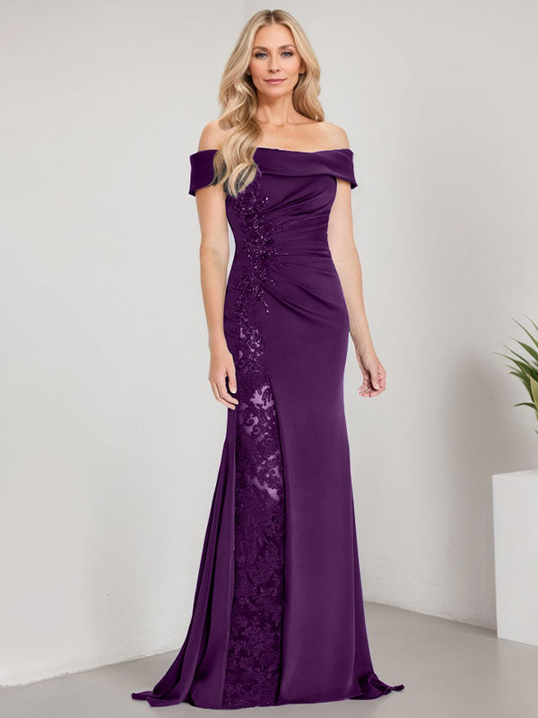 Vestido de sirena con hombros descubiertos, largo hasta el suelo, para madre de la novia, con apliques y cuentas, y abertura alta