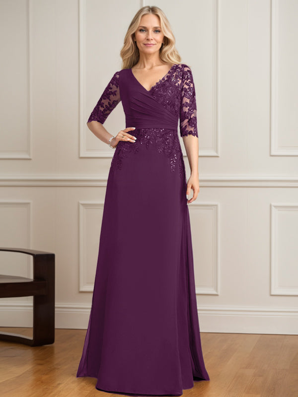 A-Linie, V-Ausschnitt, bodenlanges Spitzen-Chiffon-Kleid für die Brautmutter mit plissierten Pailletten