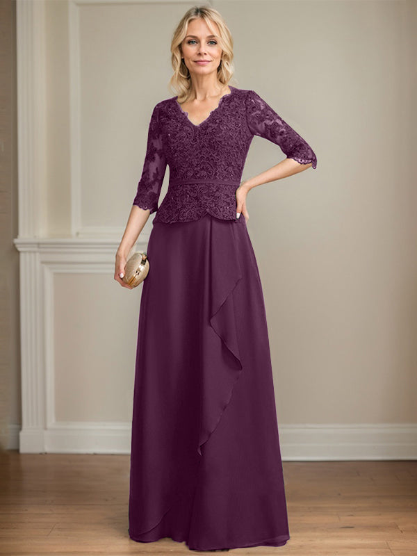 A-Linie, V-Ausschnitt, bodenlanges Chiffon-Kleid für die Brautmutter mit kaskadierenden Rüschen und Pailletten