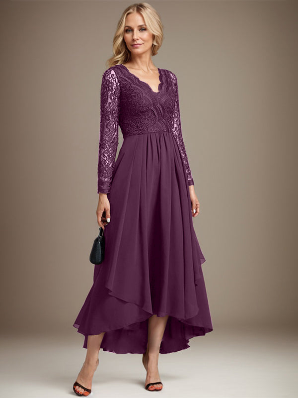 A-Linie V-Ausschnitt Asymmetrisches Chiffon-Kleid für die Brautmutter