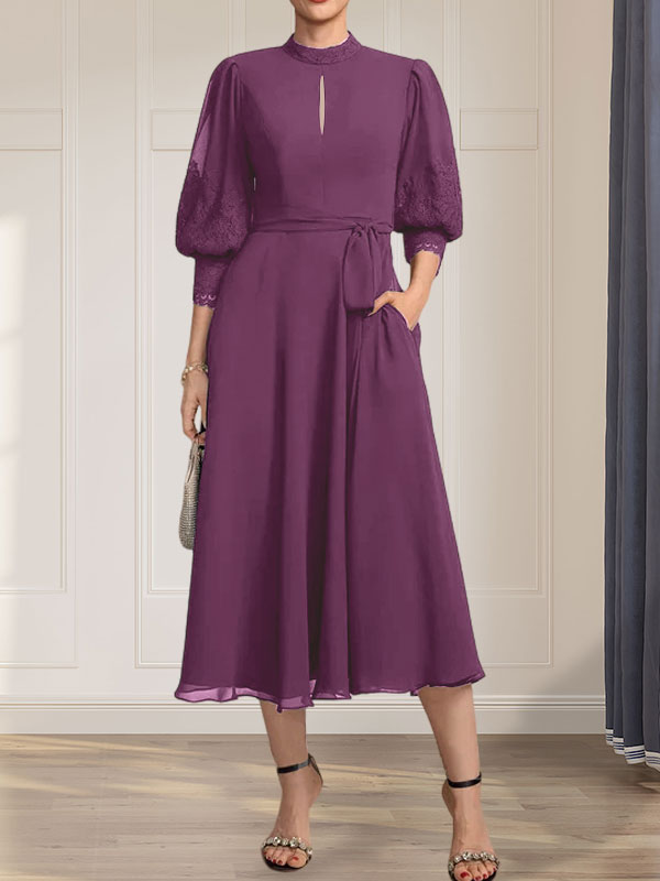 Vestido de gasa con encaje, cuello alto, largo hasta la rodilla, para madre de la novia con lazo