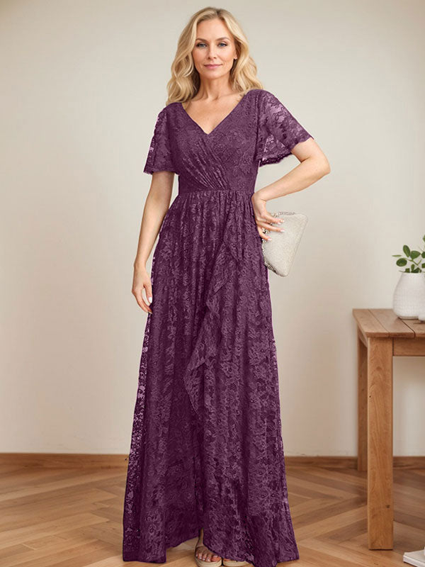A-Linien-Kleid mit V-Ausschnitt, asymmetrischer Spitze für die Brautmutter mit kaskadierenden Rüschen