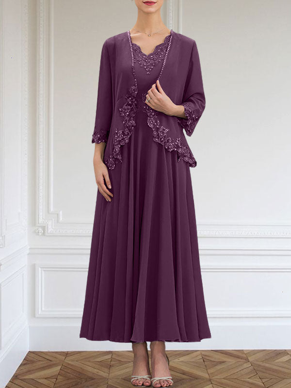 A-Linie V-Ausschnitt Knöchellang Chiffon Kleid für die Brautmutter mit Pailletten Applikationen Spitze Perlen