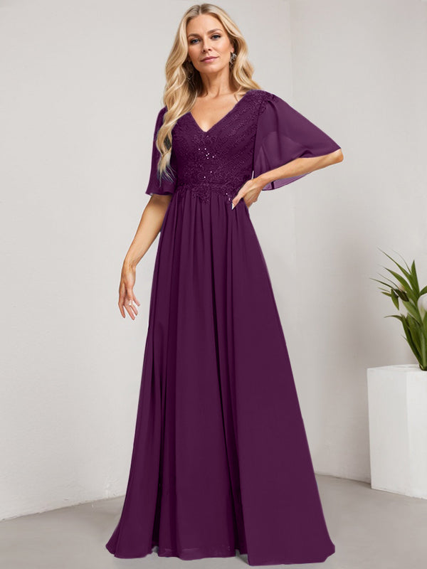 A-Linie V-Ausschnitt Bodenlanges Spitzen-Chiffon-Kleid für die Brautmutter mit Pailletten