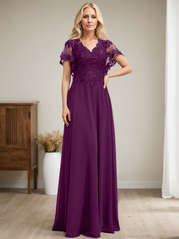 A-Linie V-Ausschnitt Bodenlanges Spitzen-Chiffon-Kleid für die Brautmutter mit Pailletten