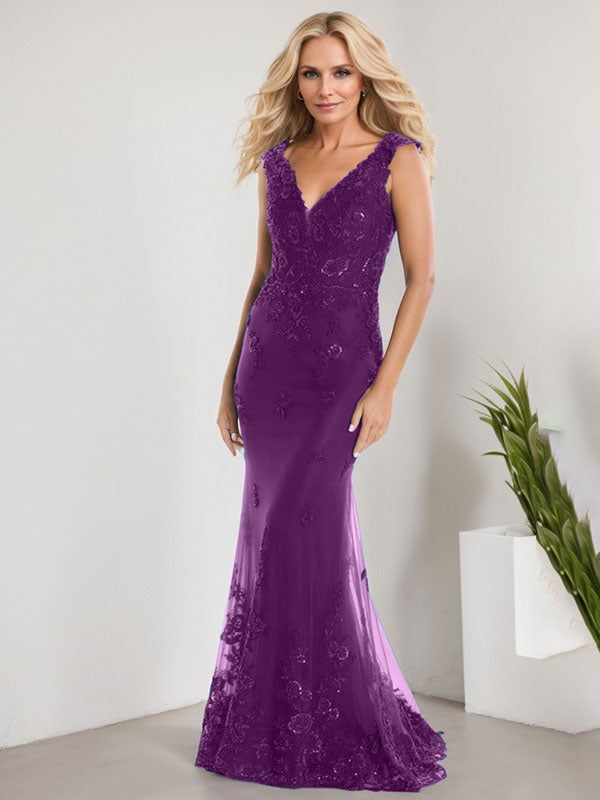 A-Linie V-Ausschnitt Bodenlang Spitze Chiffon Mutter der Braut Kleid Mit Applikation Pailletten Meerjungfrau Kleider