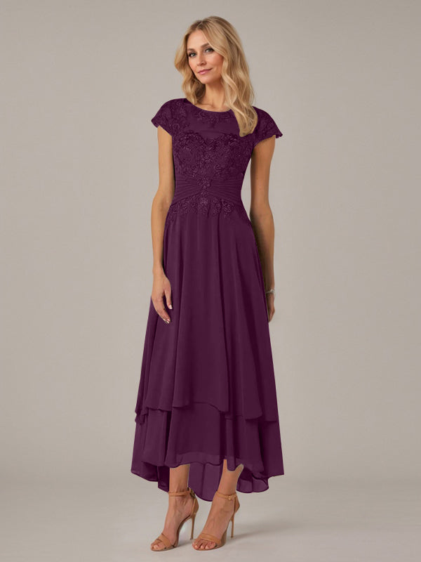 Vestido de madre de la novia de gasa asimétrica con escote barco, ilusión, corte A y encaje con pliegues y apliques