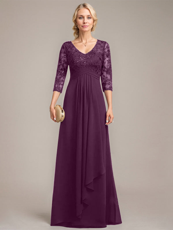 A-Linie, V-Ausschnitt, bodenlanges Chiffon-Kleid für die Brautmutter mit kaskadierenden Rüschen und Pailletten