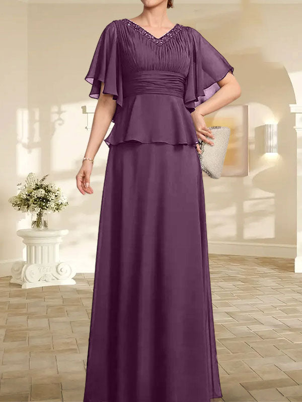 A-Linie, V-Ausschnitt, bodenlanges Chiffonkleid für die Brautmutter mit plissierter Perlenstickerei