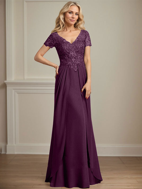A-Linie V-Ausschnitt Bodenlanges Chiffon-Spitzenkleid für die Brautmutter