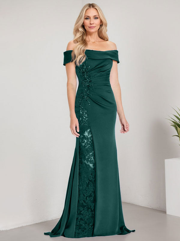 Vestido de sirena con hombros descubiertos, largo hasta el suelo, para madre de la novia, con apliques y cuentas, y abertura alta