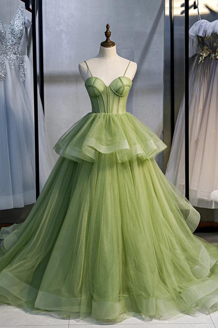 Vestidos de fiesta largos de tul verde, vestidos de noche de corte A con cola