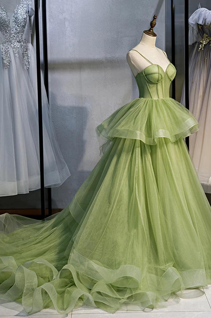 Vestidos de fiesta largos de tul verde, vestidos de noche de corte A con cola