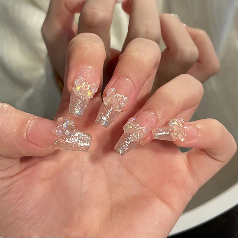 Pegatinas de uñas con purpurina Aurora Bow, uñas postizas desmontables, listas para usar, hechas a mano