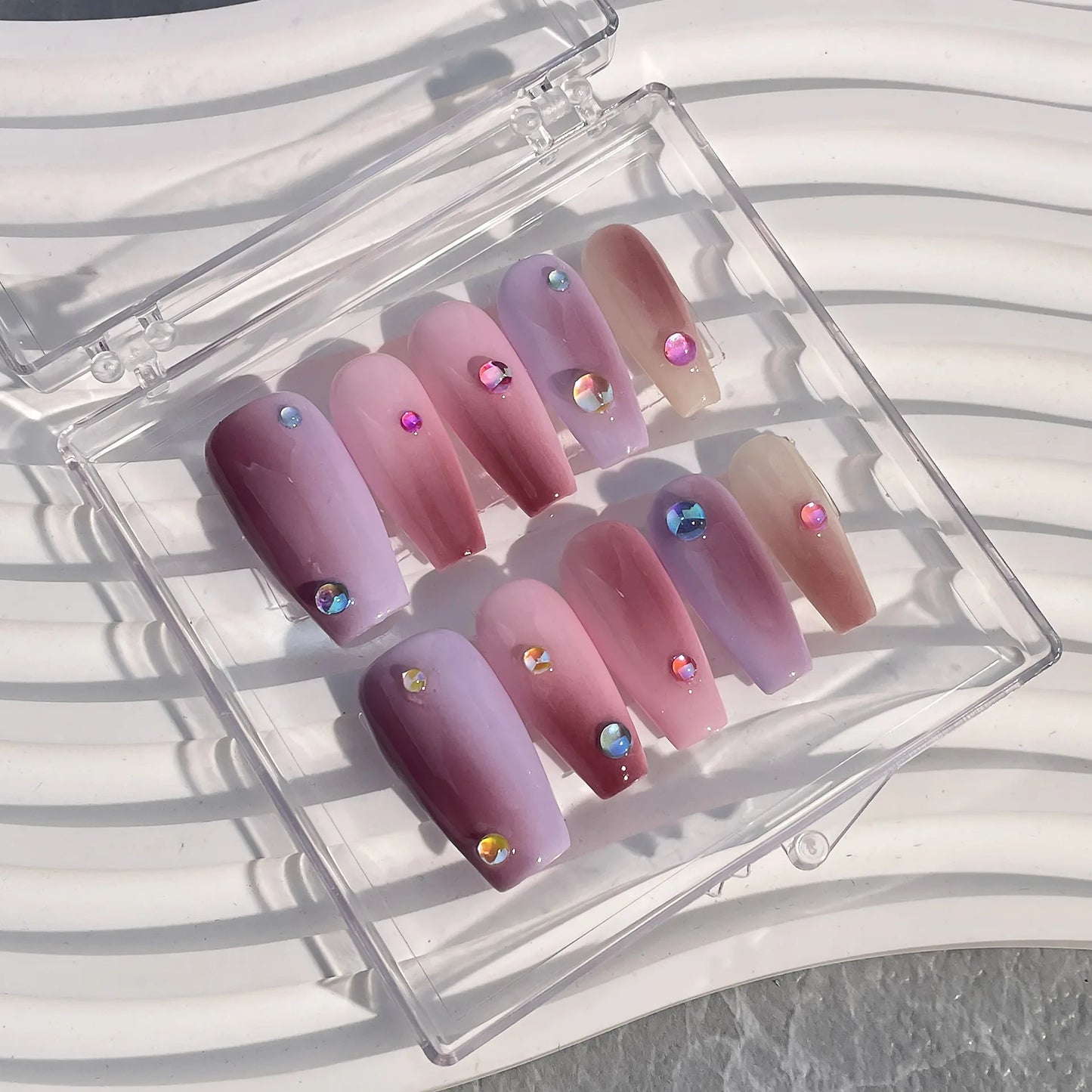 Gran oferta de pegatinas para uñas postizas de acrílico hechas a mano con diseño de sirena, burbujas y perlas, de longitud media, color macarrón, con degradado cuadrado.