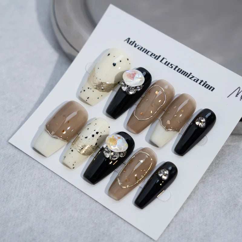 10 uñas postizas artificiales con diseño de uñas de imitación de lujo con brillo mate.