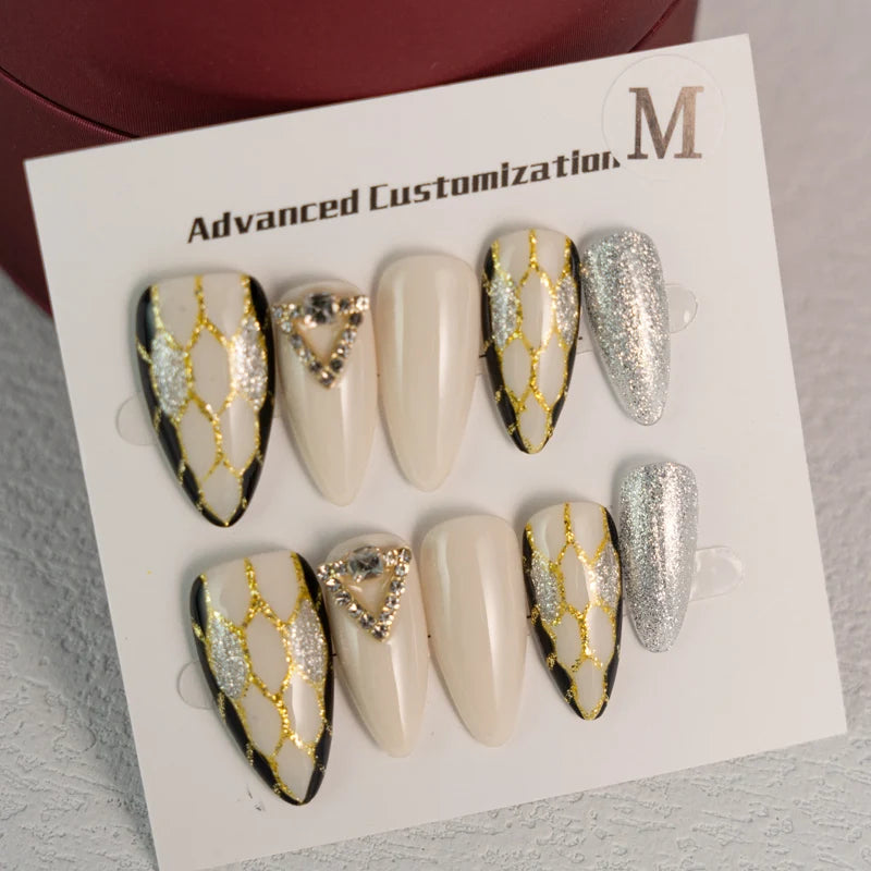 Snake Almond Hand Painted Long Coffins Hand Pressed Nails Repeatable Detachable Nails