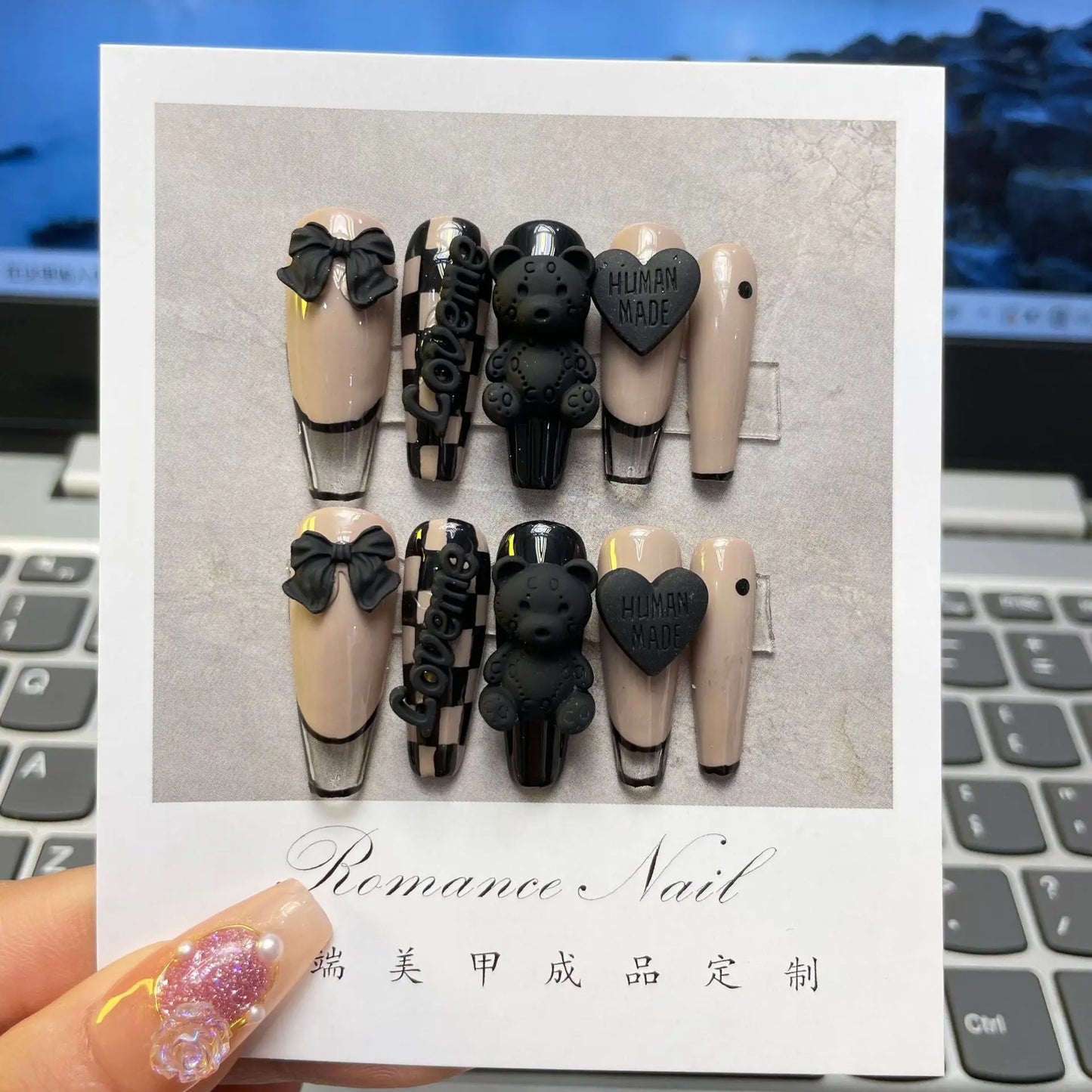 Nuevo estilo 3D colorido francés diamantes de imitación uñas postizas hechas a mano
