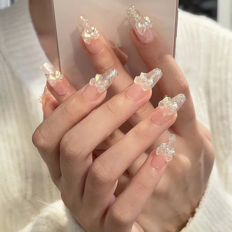 Pegatinas de uñas con purpurina Aurora Bow, uñas postizas desmontables, listas para usar, hechas a mano