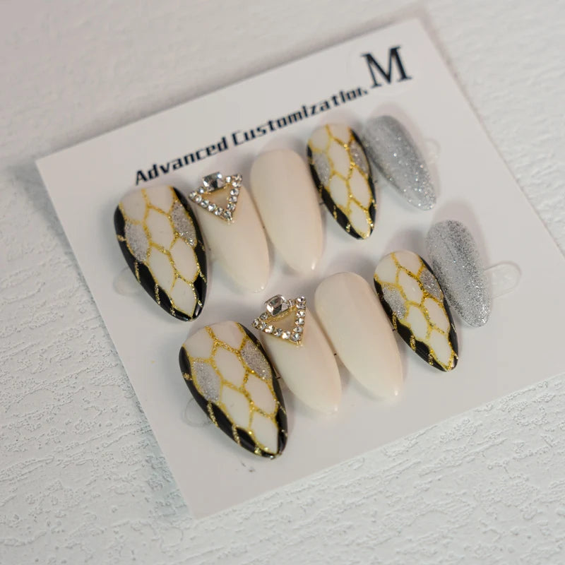 Snake Almond Hand Painted Long Coffins Hand Pressed Nails Repeatable Detachable Nails
