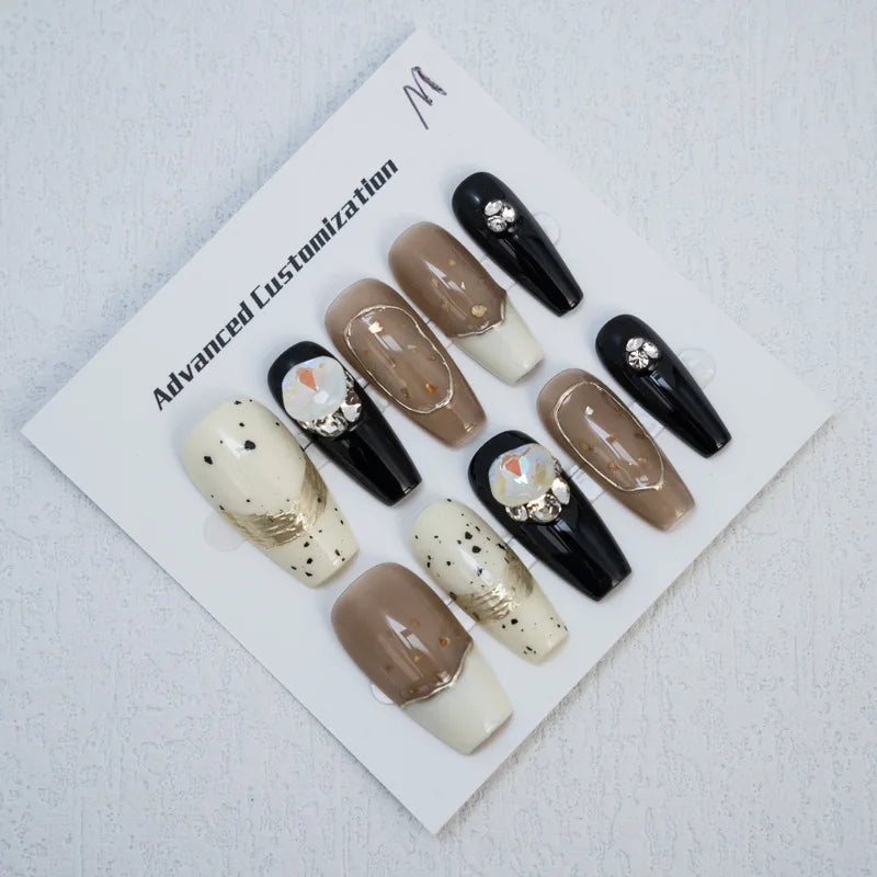 10 uñas postizas artificiales con diseño de uñas de imitación de lujo con brillo mate.