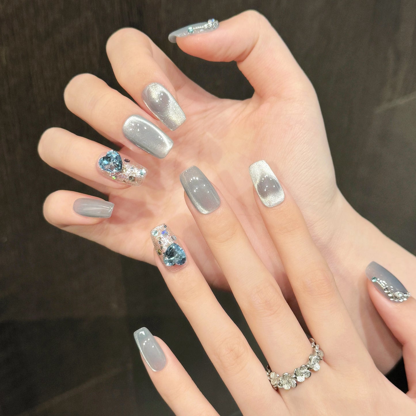 Uñas postizas personalizadas de ojo de gato azul con purpurina, 10 unidades, hechas a mano, con diamantes de imitación