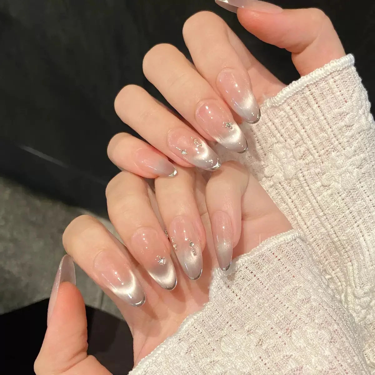 Uñas postizas acrílicas reutilizables, uñas postizas color nude, uñas postizas francesas almendradas