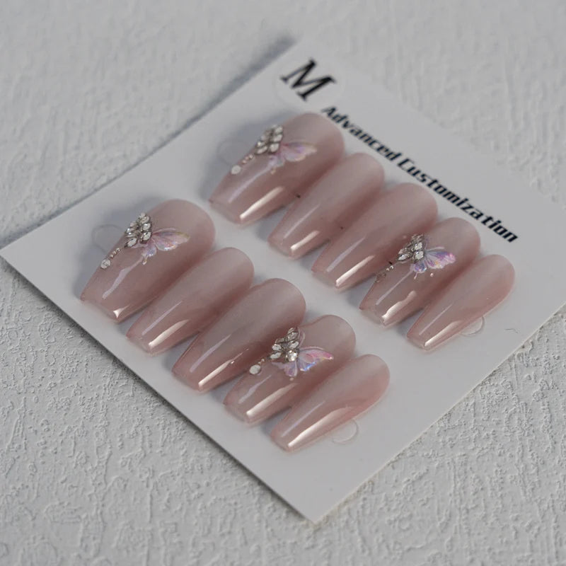 Long pink Coffin Diamond Press on Nails Hand-painted butterfly Acrylic Finger ABS