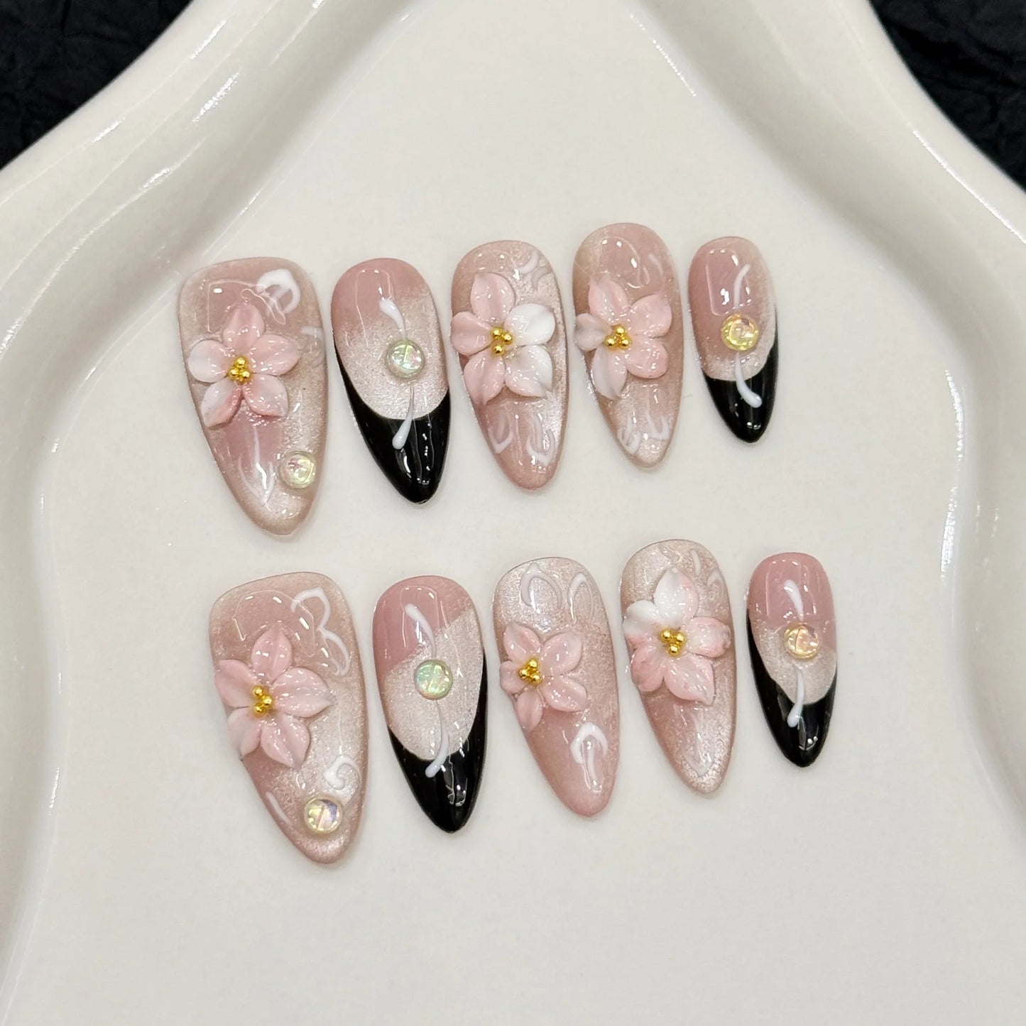 10 uñas postizas acrílicas de diseño hechas a mano, diseño francés, diseño de flores 3D, almendras.