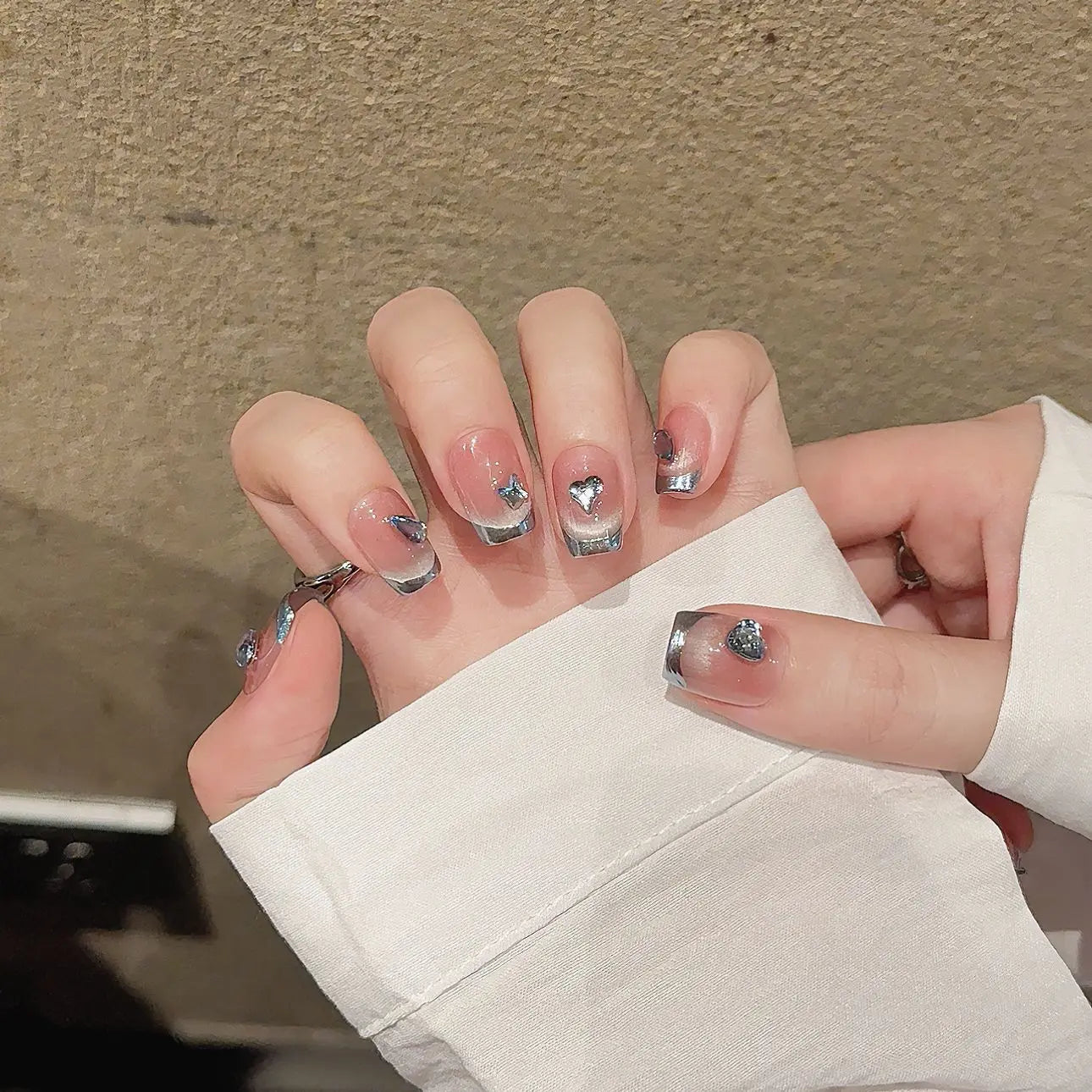 Uñas postizas artificiales de alta calidad con purpurina, reutilizables y desmontables, de lujo, en color rosa ojo de gato.