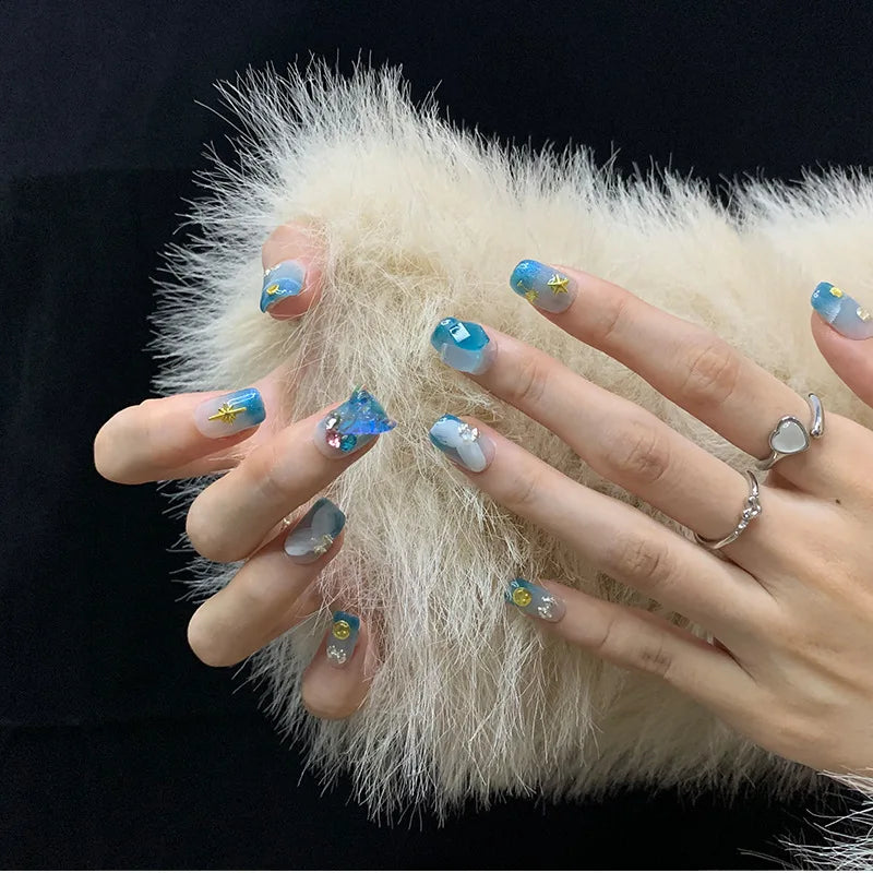 New Style Purely Handmade ABS Fully Transparent Summer Blue Mermaid Gel Artificial Nail Tips