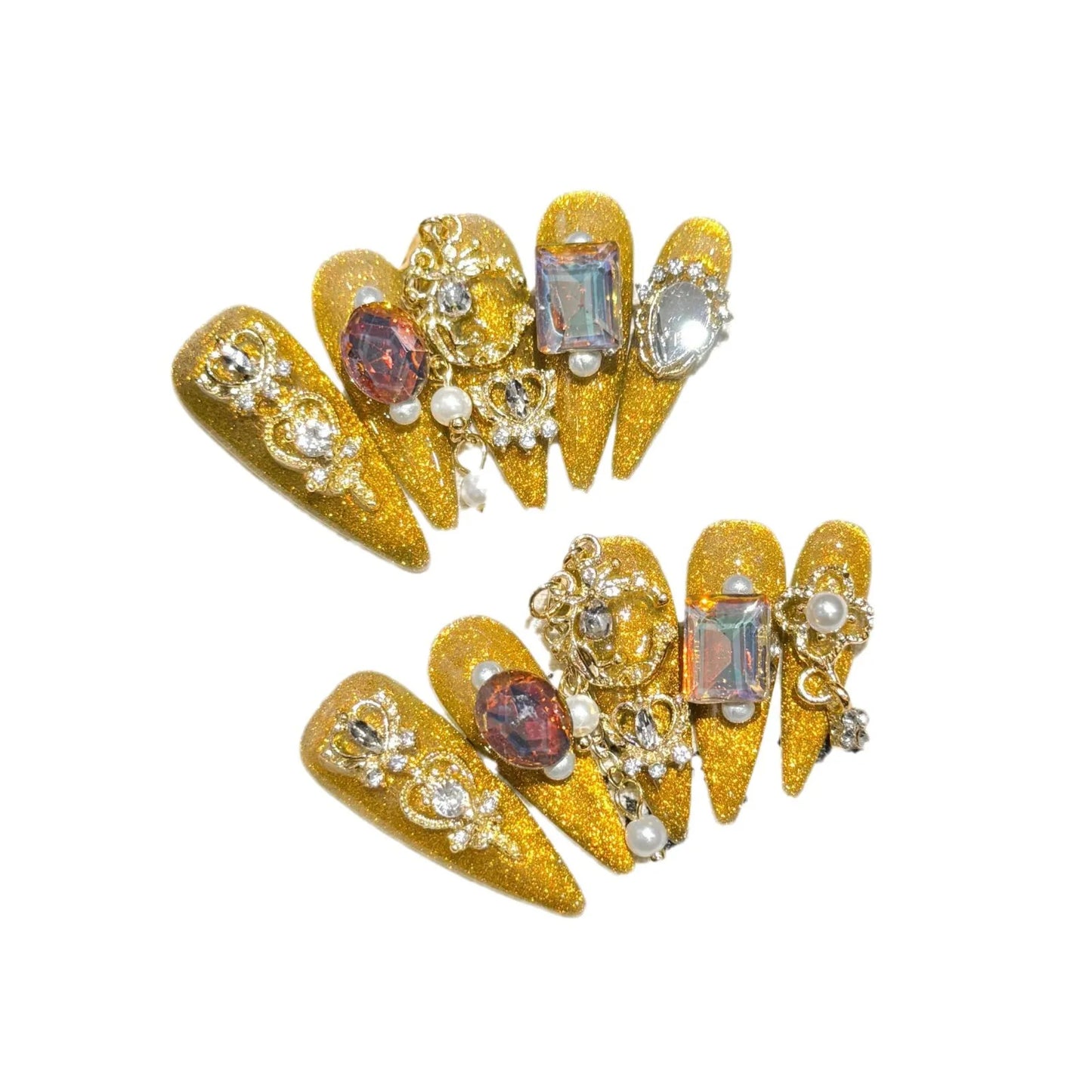 Autumn Luxury 3D Diamonds Style Handmade False Nails Gold Long Tips Press on Nails