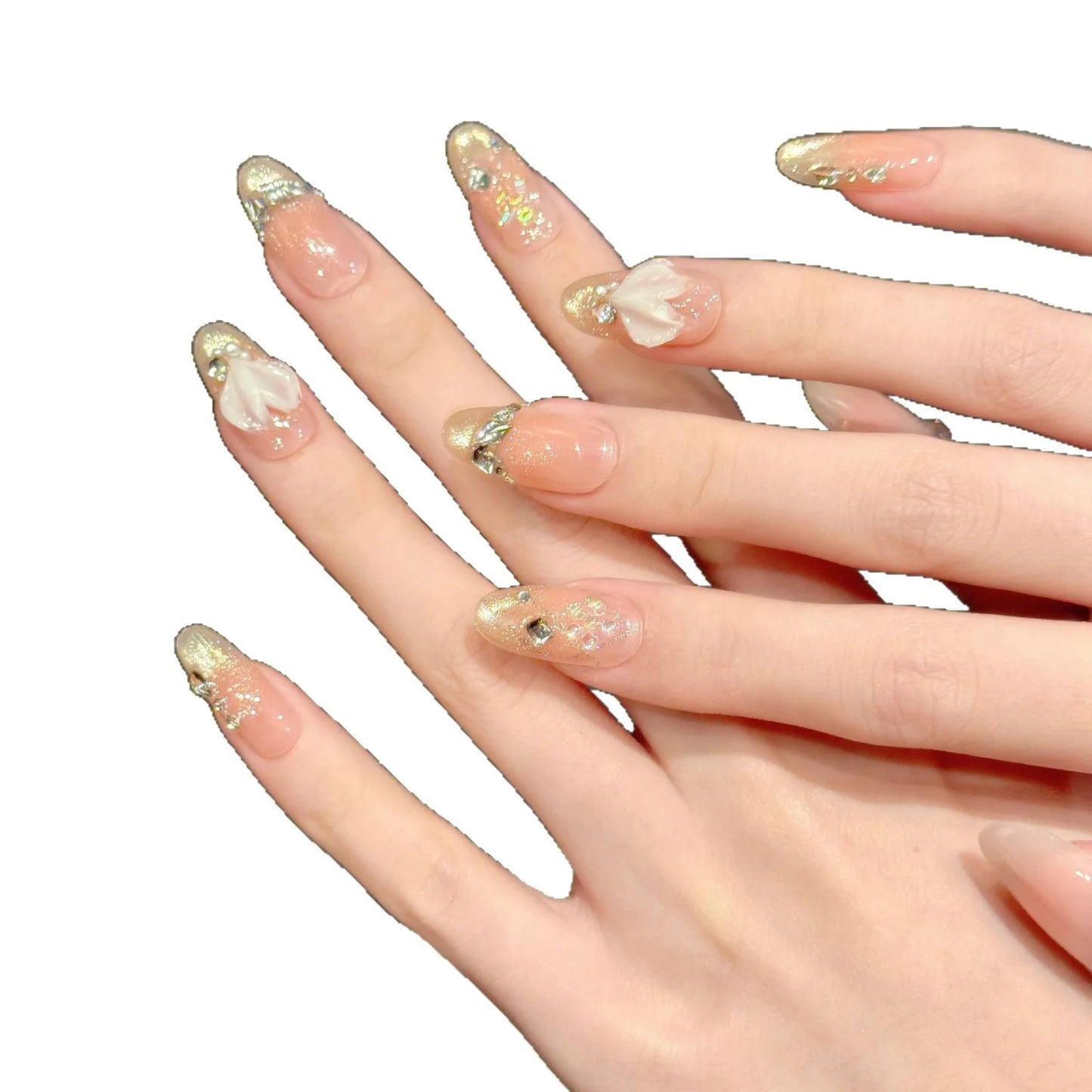 Uñas postizas 3D con diseño de cola de pez, estilo playa, con efecto rubor, estilo ojo de gato, para primavera y verano, de longitud media, totalmente artesanales y fáciles de usar.