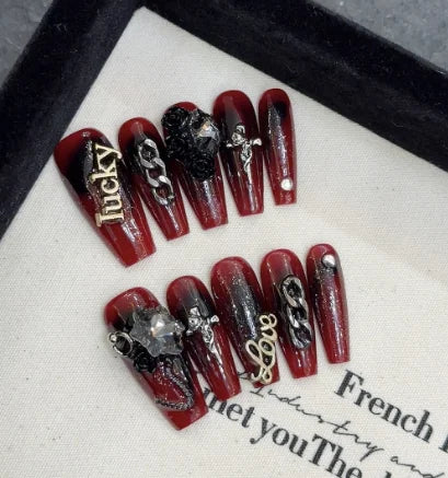 Uñas postizas de ataúd de lujo, estilo rojo, 3D, hechas a mano, totalmente cubiertas, prensadas