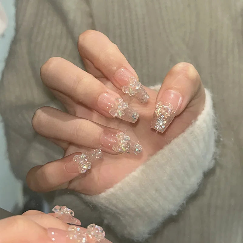 Pegatinas de uñas con purpurina Aurora Bow, uñas postizas desmontables, listas para usar, hechas a mano