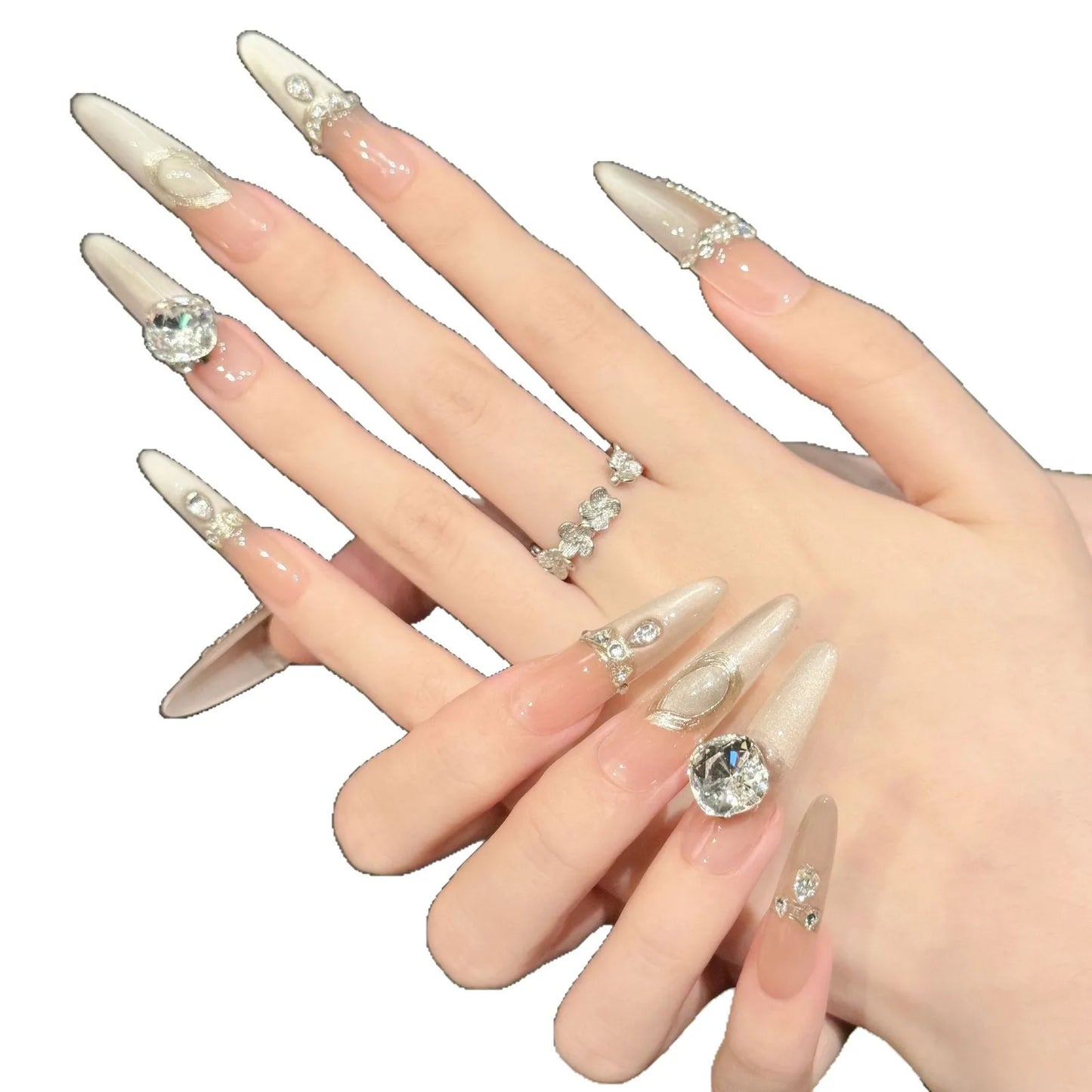 Uñas francesas de lujo con diseño de ojo de gato y diamantes apilados, estilo de alta gama, hechas a mano.
