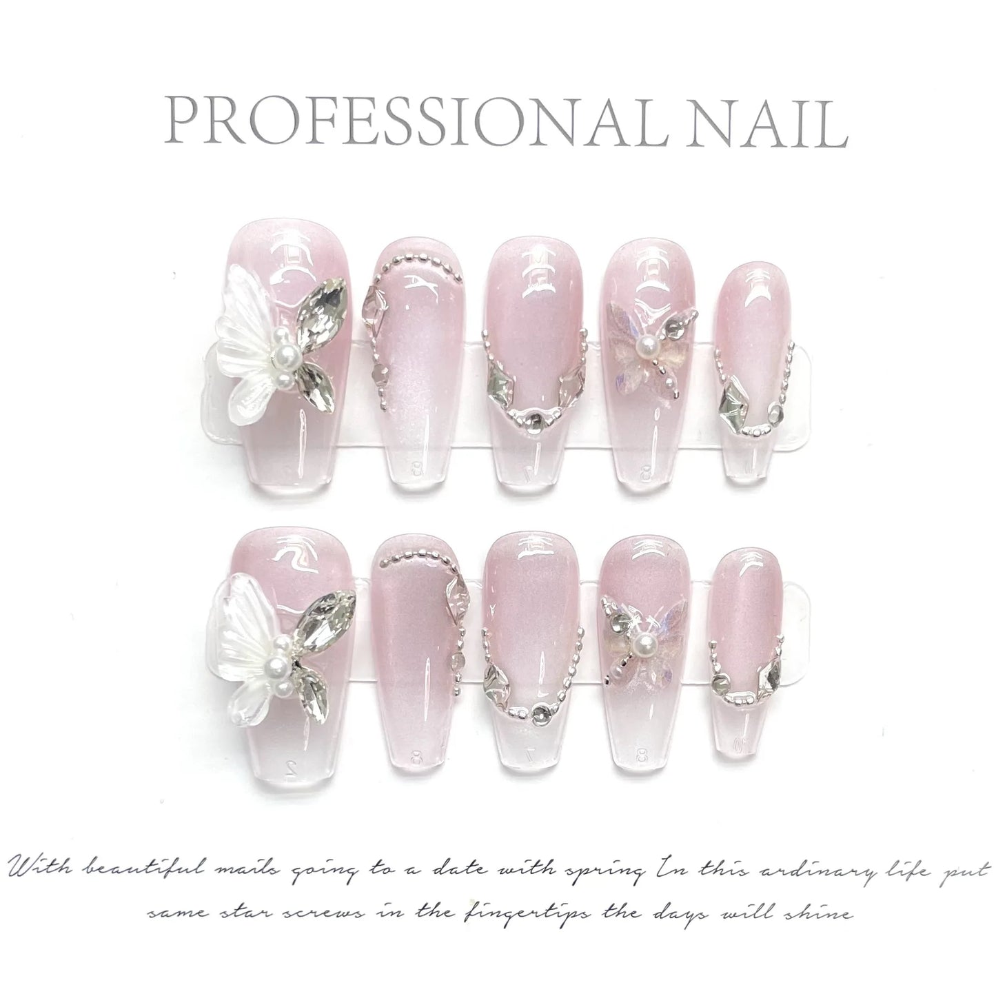 Gran oferta, 10 unidades de uñas cortas de alta calidad con diseño de mariposa de jade, sombra flotante, prensadas a mano, de lujo, hechas a mano.