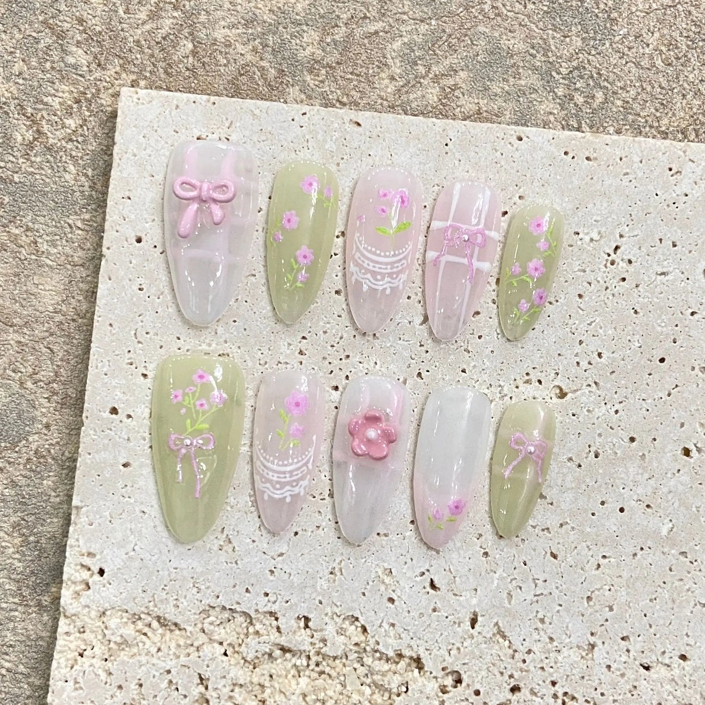 Nuevo estilo, dulce lazo azul, uñas postizas desmontables, hechas a mano, acrílicas, reutilizables, con pegamento, uñas postizas realistas.