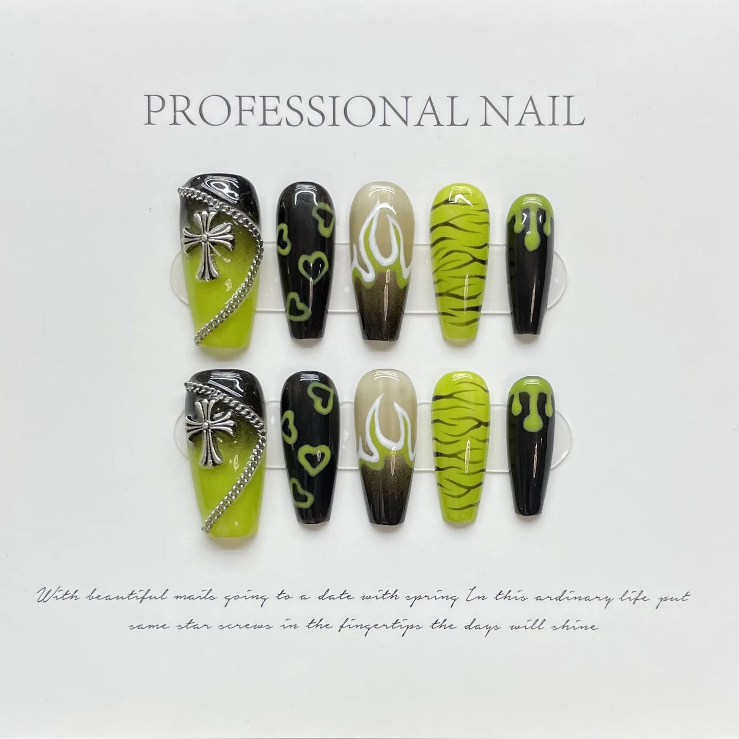 Forest Elf Green Premium White Hand Painted Nail Removable Press on Nail