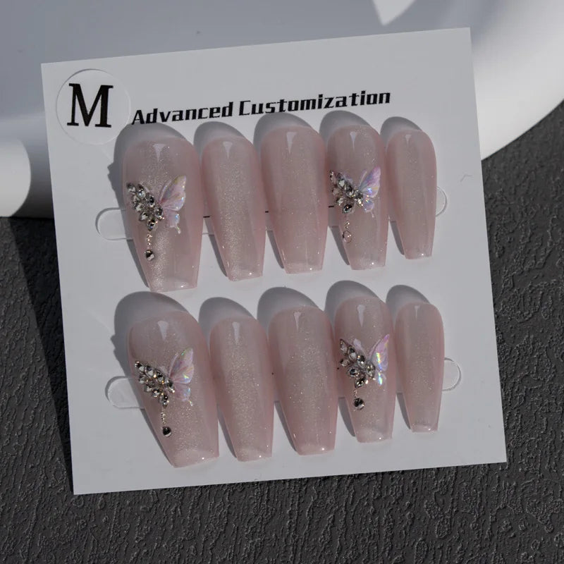 Long pink Coffin Diamond Press on Nails Hand-painted butterfly Acrylic Finger ABS
