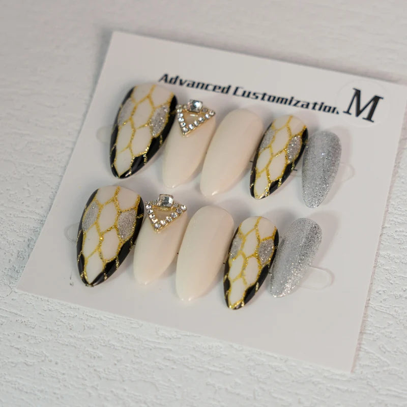 Snake Almond Hand Painted Long Coffins Hand Pressed Nails Repeatable Detachable Nails