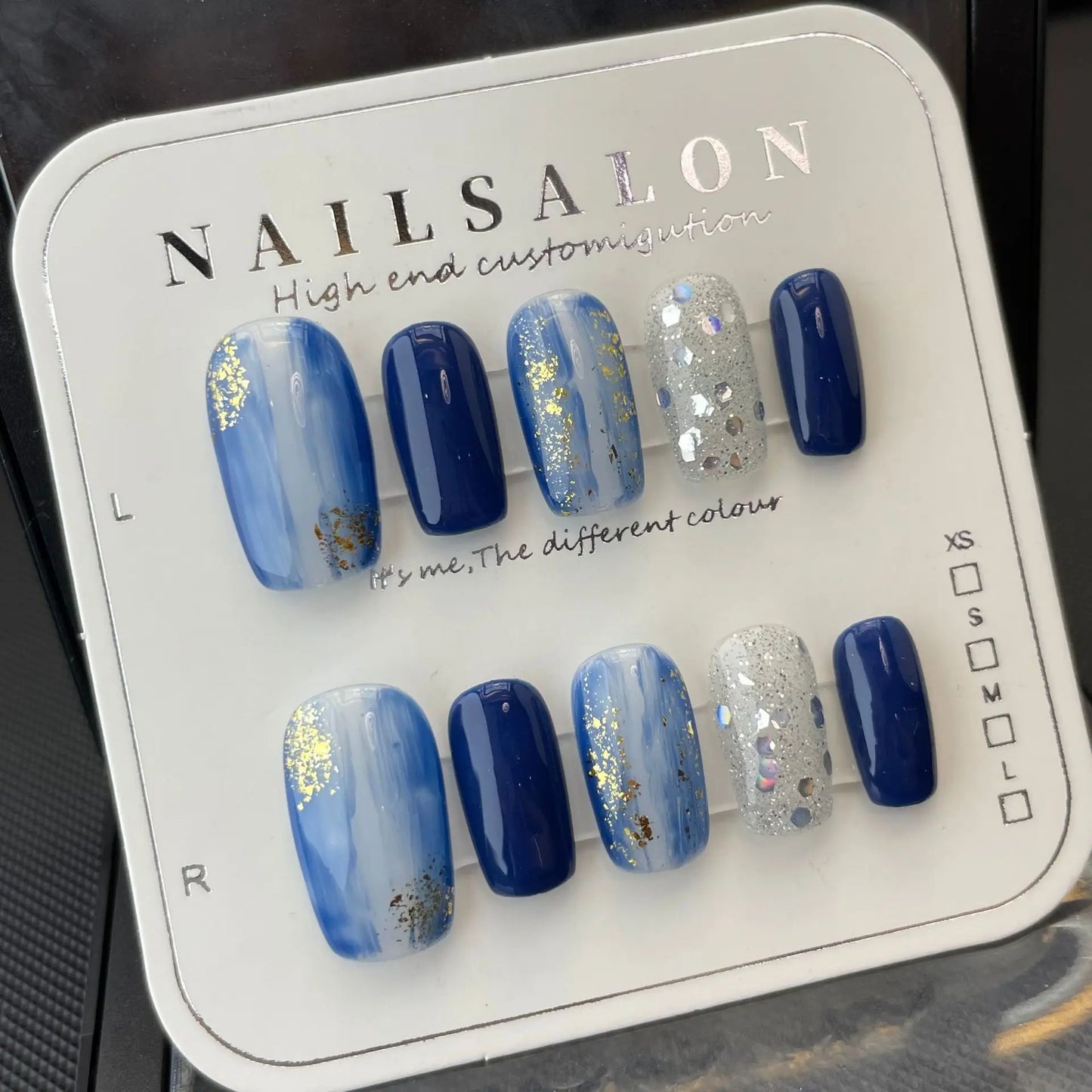 Fashion Blue Starry Sky Full Cover Removable Finished Hand Painted False Nail Patch Manicure