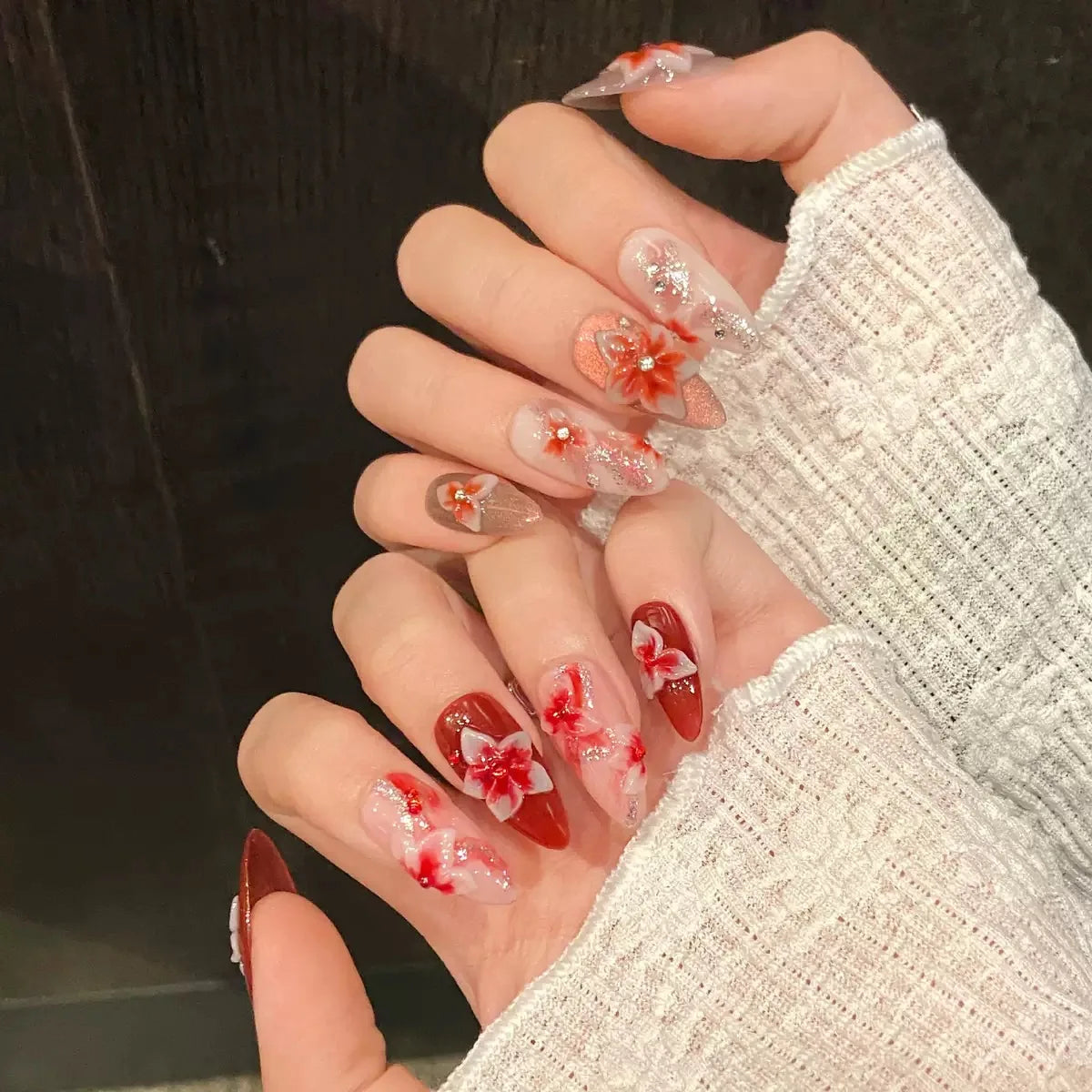 Uñas postizas acrílicas reutilizables, uñas postizas color nude, uñas postizas francesas almendradas