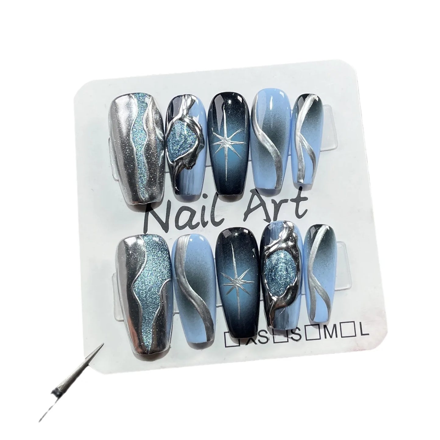 Pegatinas para uñas de longitud media con pistola pulverizadora de alta gama en degradado negro y azul, calcomanías para uñas usables