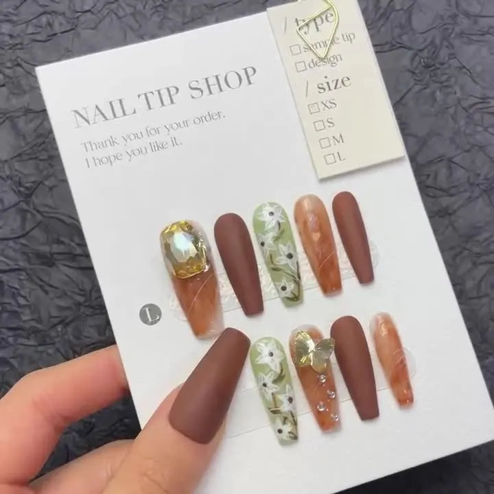 New Style Brown Matte Press on Nails Glitter Rhinestone Luxury Ballet Coffin Handmade False Nails